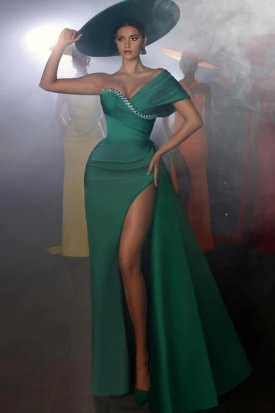 Vintage Long Green Mermaid One Shoulder Beaded Prom Dress with High Slit Simple gentle atmospheric and unique design