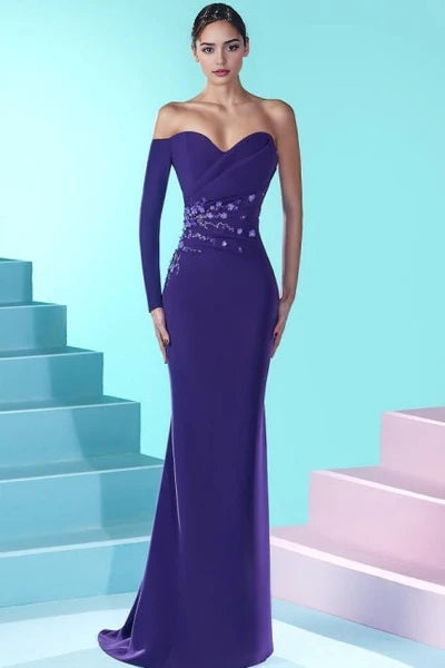 Vintage Long Purple Mermaid Long Sleeve Beaded Prom Gown Simple gentle atmospheric and unique design