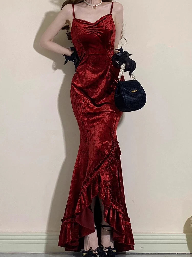 Vintage Mermaid Irregular Ruffled Spaghetti Straps Women's Burgundy Birthday Outfits Party Dresses simple gentle atmospheric and unique desi Bring summer colors to enhance whiteness