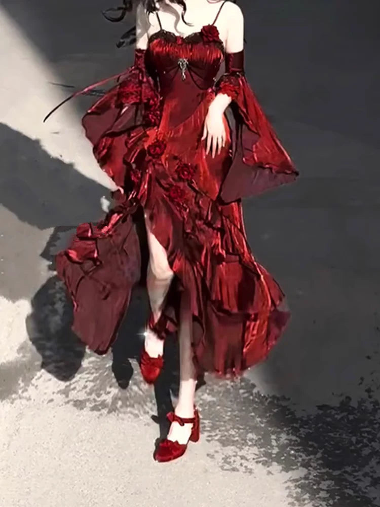 Vintage Sheath Irregular Ruffled Spaghetti Straps Women's Burgundy Birthday Party Dresses With Sleeves simple gentle atmospheric and unique desi Bring summer colors to enhance whiteness