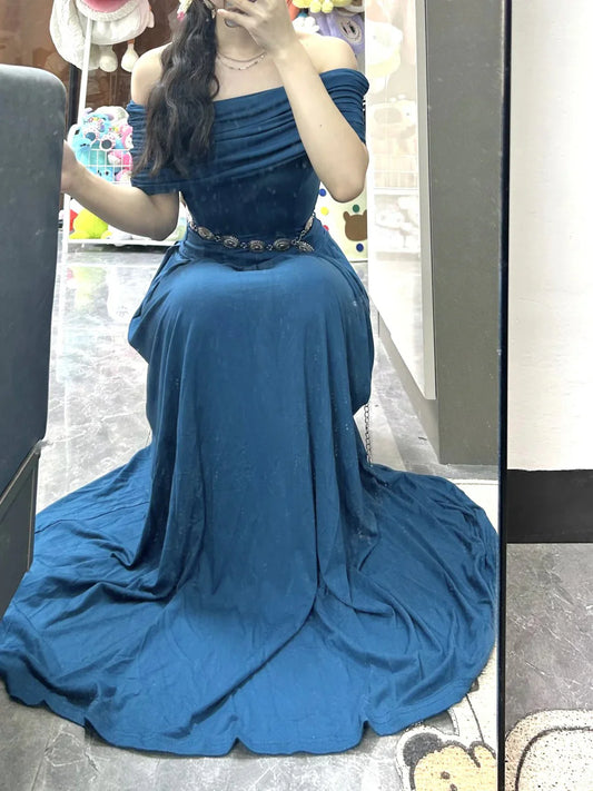 Vintage Sheath Off The Shoulder Blue Holiday Dress Birthday Dresses Birthday Outfits  simple gentle atmospheric and unique desi Bring summer colors to enhance whiteness