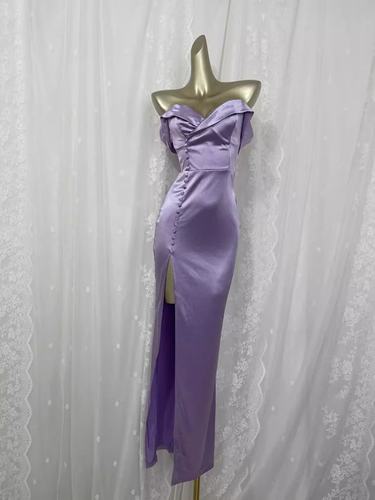 Vintage Sheath Off The Shoulder Lilac Vacation Dress Slit Birthday Dresses simple gentle atmospheric and unique desi Bring summer colors to enhance whiteness