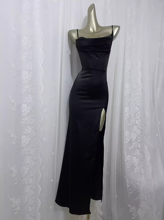 Vintage Sheath Spaghetti Straps Black Vacation Dress Satin Birthday Dresses simple gentle atmospheric and unique desi Bring summer colors to enhance whiteness