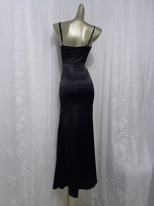 Vintage Sheath Spaghetti Straps Black Vacation Dress Satin Birthday Dresses simple gentle atmospheric and unique desi Bring summer colors to enhance whiteness