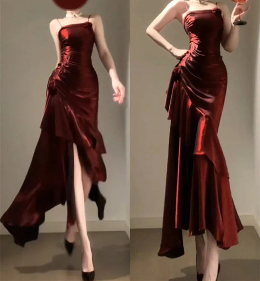 Vintage Sheath Spaghetti Straps Burgundy Holiday Dress Birthday Dresses Birthday Outfit   simple gentle atmospheric and unique desi Bring summer colors to enhance whiteness