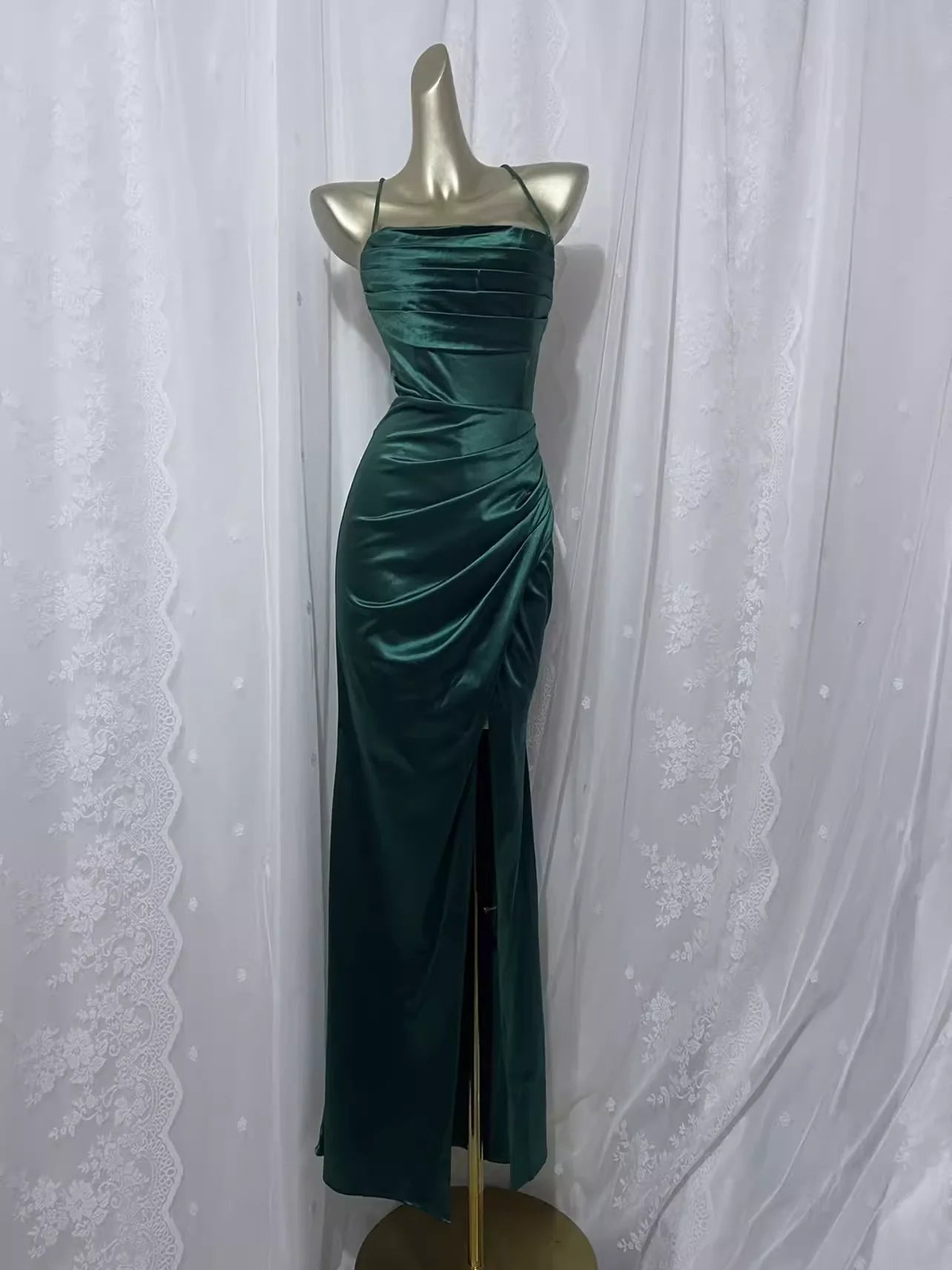 Vintage Sheath Spaghetti Straps Dark Green Vacation Dress Satin Birthday Dresses  simple gentle atmospheric and unique desi Bring summer colors to enhance whiteness