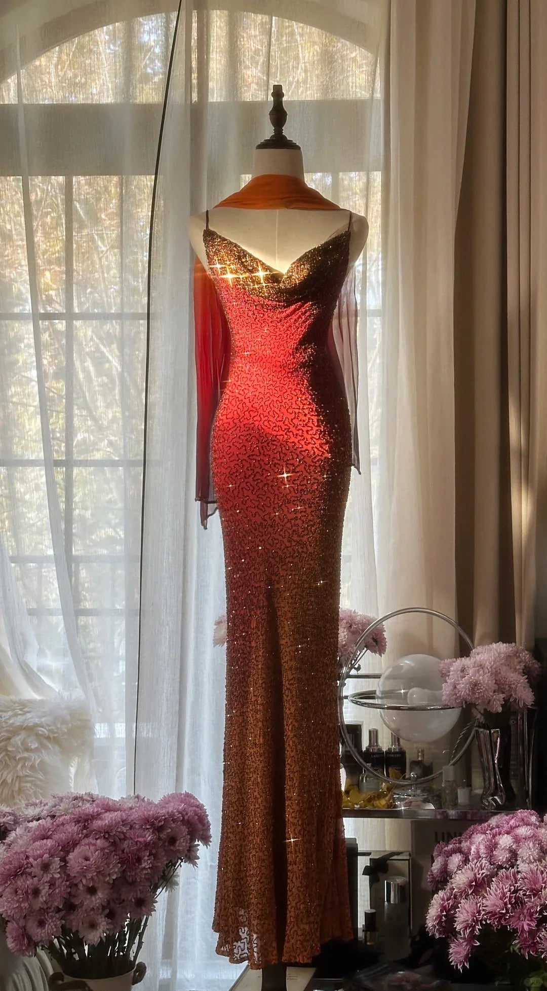 Vintage Unique Red Orange Ombre Black Beaded Chiffon Evening Dress Party Dress simple gentle atmospheric and unique desi Bring summer colors to enhance whiteness