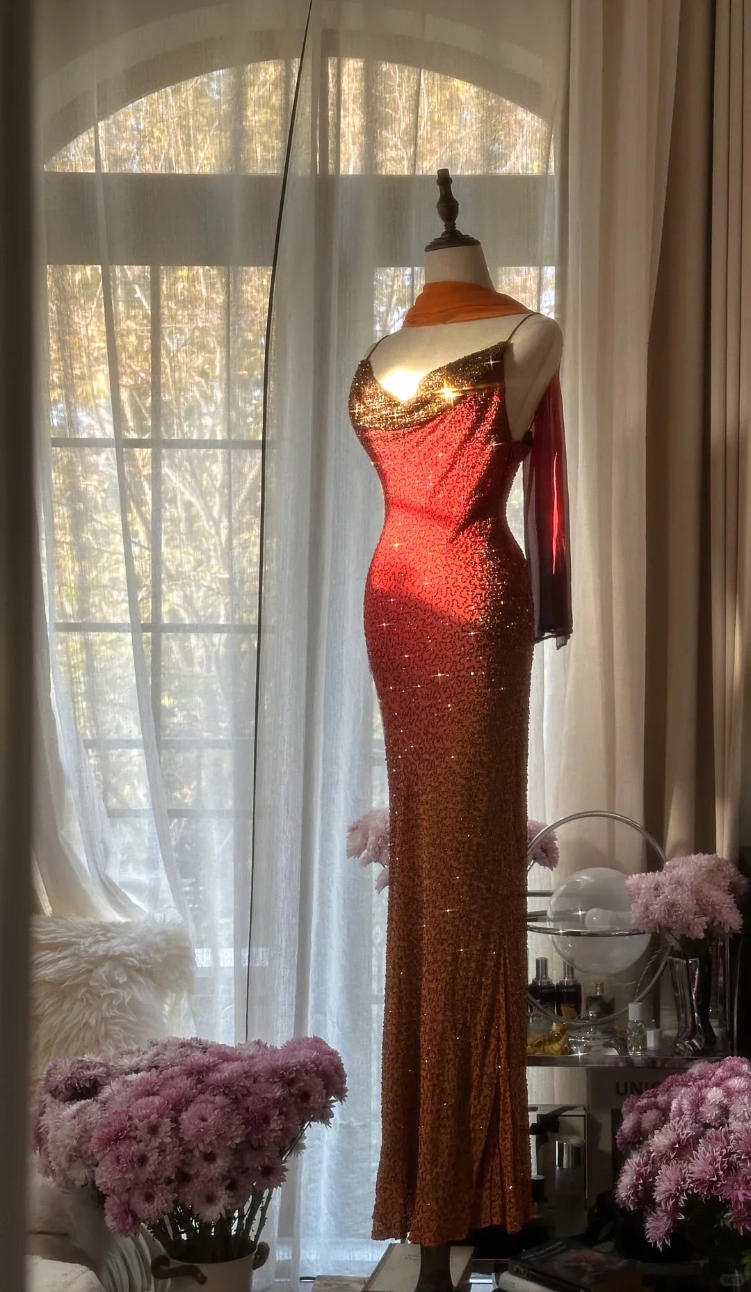 Vintage Unique Red Orange Ombre Black Beaded Chiffon Evening Dress Party Dress simple gentle atmospheric and unique desi Bring summer colors to enhance whiteness