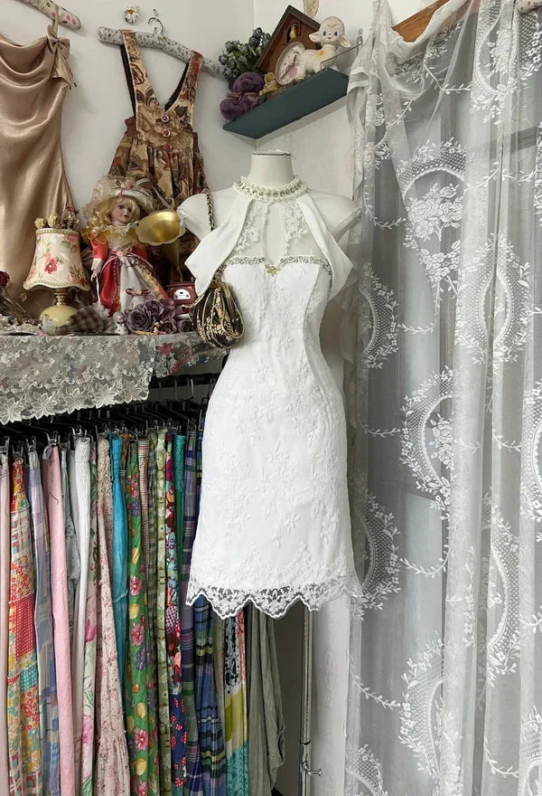 Vintage White A Line Halter Pearl Beaded Lace Homecoming Dress Cocktail Dress simple gentle atmospheric and unique desi Bring summer colors to enhance whiteness