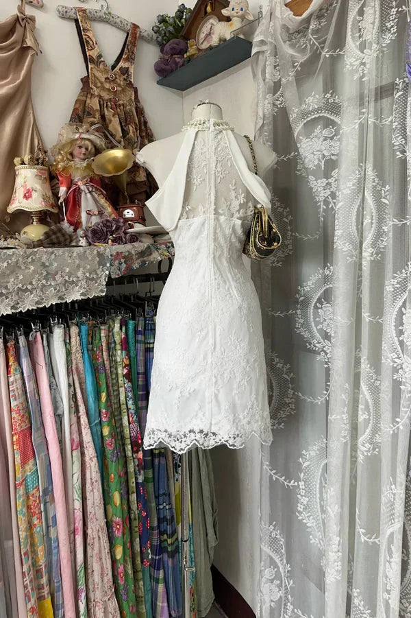Vintage White A Line Halter Pearl Beaded Lace Homecoming Dress Cocktail Dress simple gentle atmospheric and unique desi Bring summer colors to enhance whiteness
