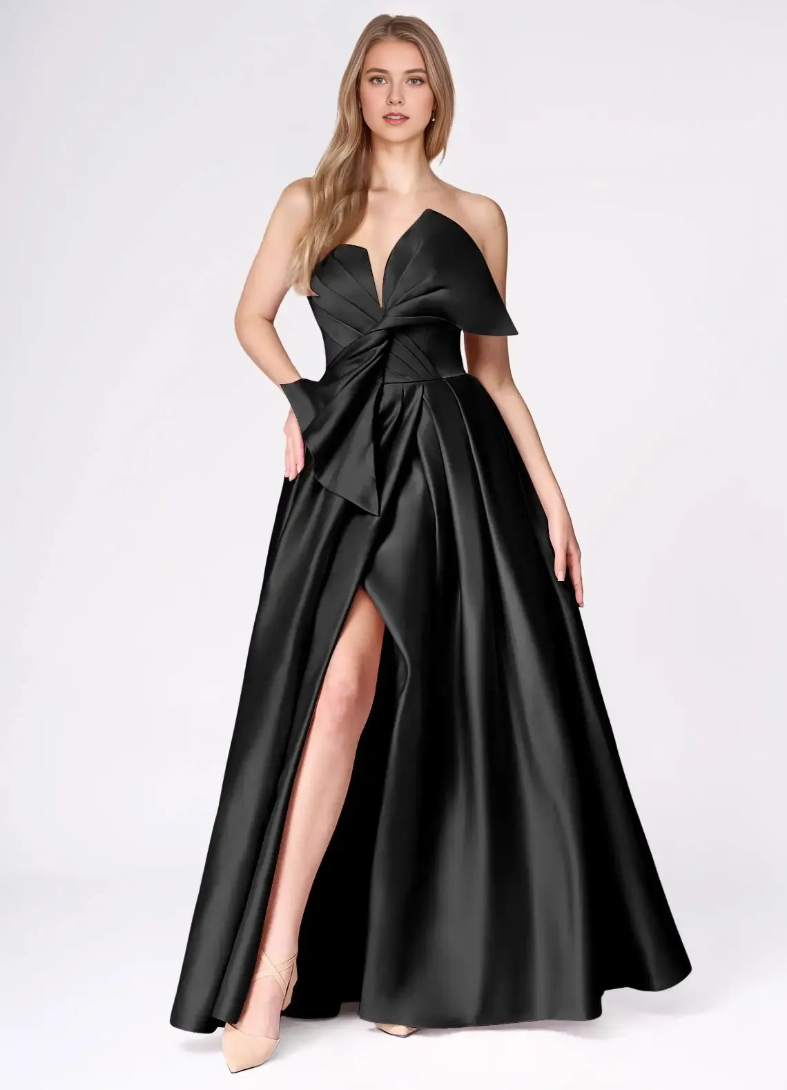 Voluminous A Line Sweetheart Neck Strapless Open Back Bow Detail High Slit Floor Length For Ladies Evening Dress