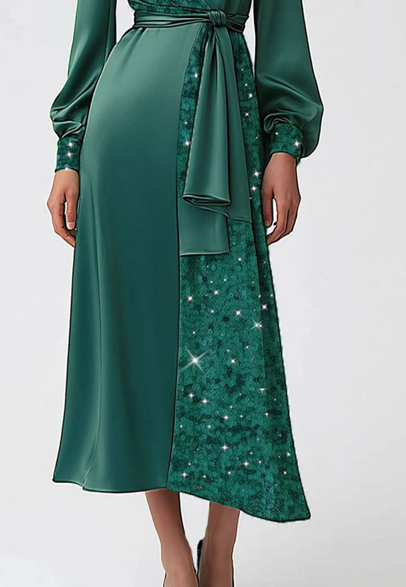 WDaily Dark Green Dress V-neck Satin Sequins Sleek Cocktail Casual Dress simple gentle atmospheric and unique desi Bring summer colors to enhance whiteness