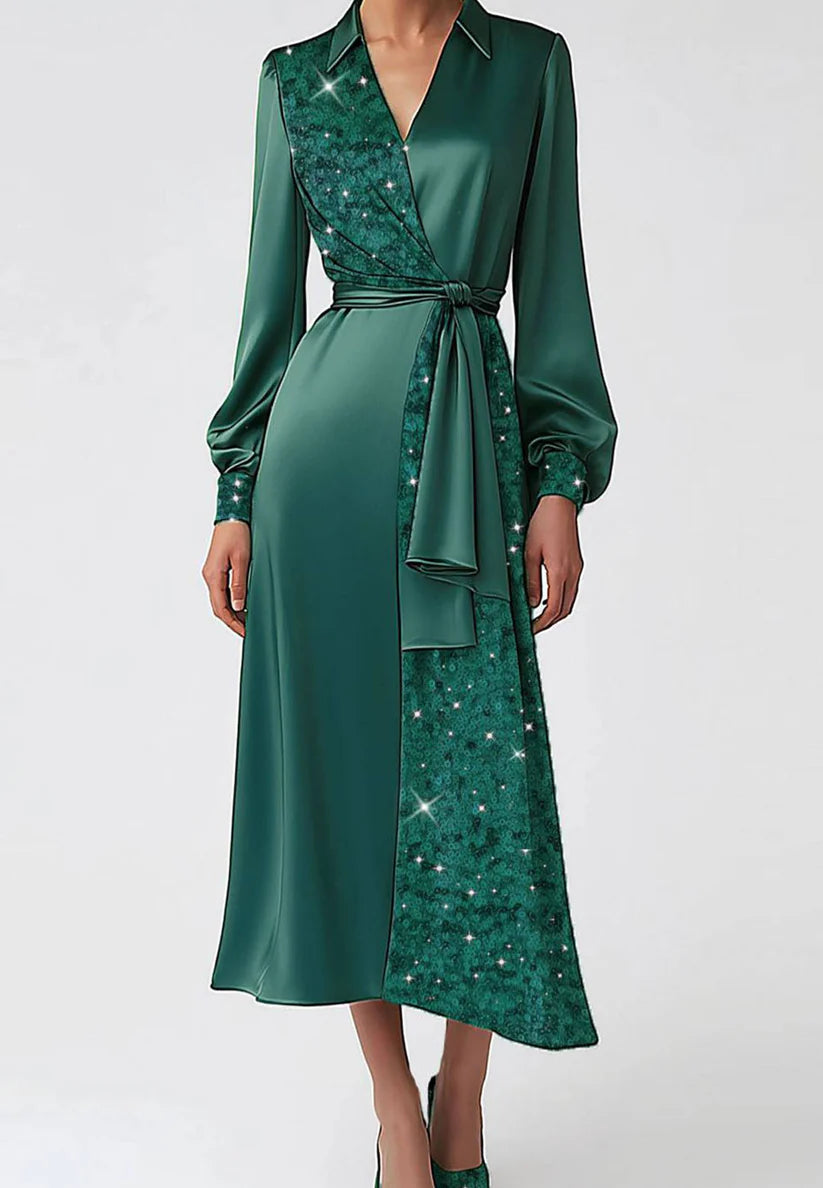 WDaily Dark Green Dress V-neck Satin Sequins Sleek Cocktail Casual Dress simple gentle atmospheric and unique desi Bring summer colors to enhance whiteness