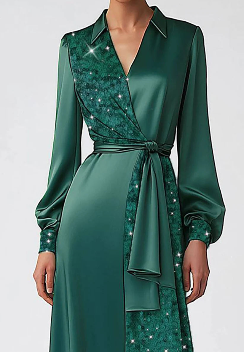 WDaily Dark Green Dress V-neck Satin Sequins Sleek Cocktail Casual Dress simple gentle atmospheric and unique desi Bring summer colors to enhance whiteness
