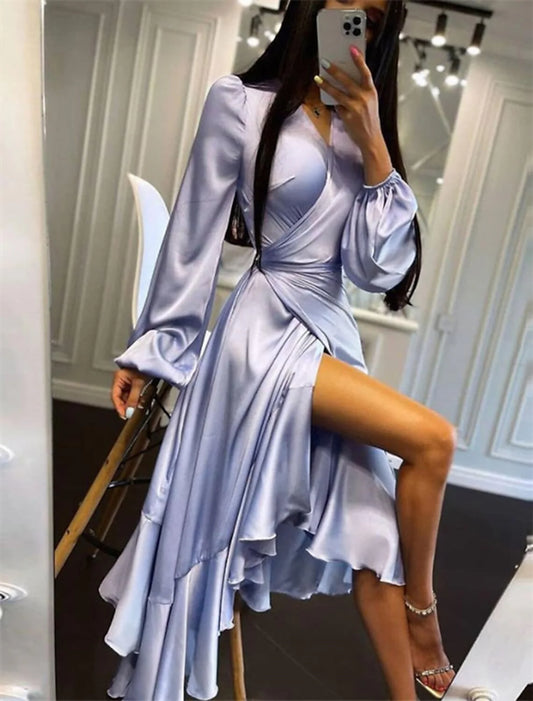 Wedding Guest Dresses High Low Dress Party Wear Semi Formal Asymmetrical Long Sleeve V Neck Satin with Ruffles simple gentle atmospheric and unique desi Bring summer colors to enhance whiteness