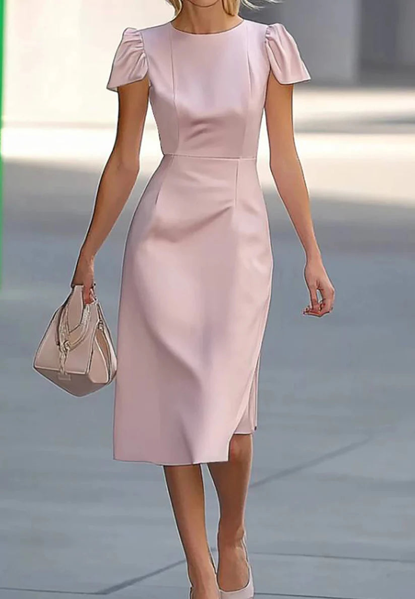 Wedding Guest Semi-Formal Dress Light Pink Round Neck Knee-Length Dress simple gentle atmospheric and unique desi Bring summer colors to enhance whiteness