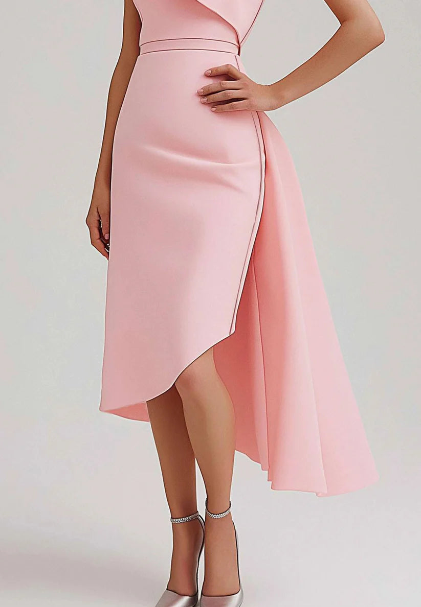 Wedding Guest Semi-Formal Dress Pink Sleeveless Bow Asymmetrical Midi Dress simple gentle atmospheric and unique desi Bring summer colors to enhance whiteness