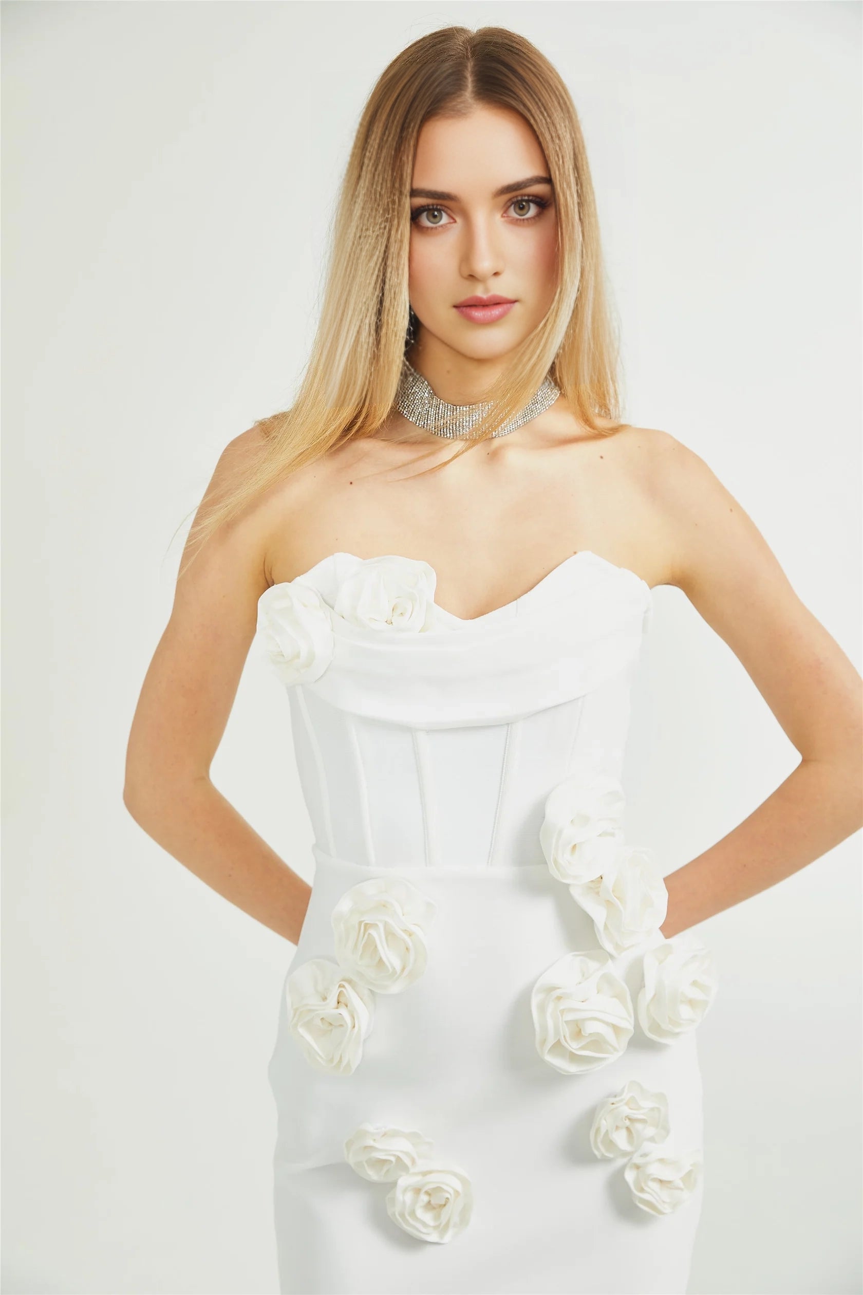 White 3D Floral Strapless Maxi Dress off-shoulder floral dress Evening Dress