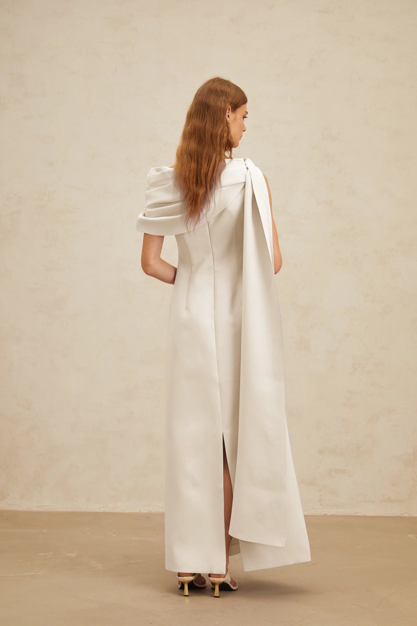 White Asymmetrical Drape Maxi Dress with Side Slit Annabelle White Cape-Design Ribbon Maxi Dress Evening Dress
