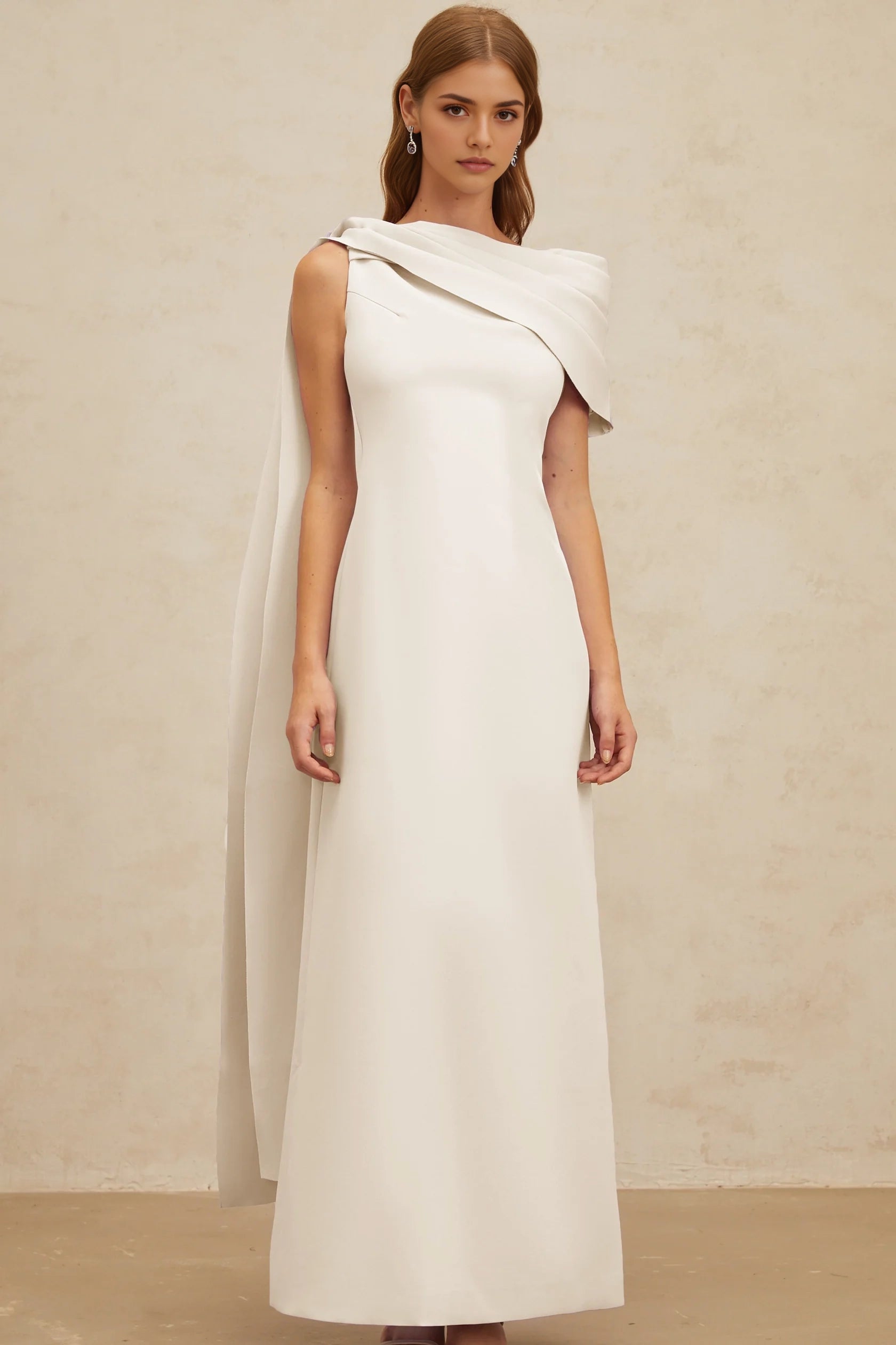 White Asymmetrical Drape Maxi Dress with Side Slit Annabelle White Cape-Design Ribbon Maxi Dress Evening Dress