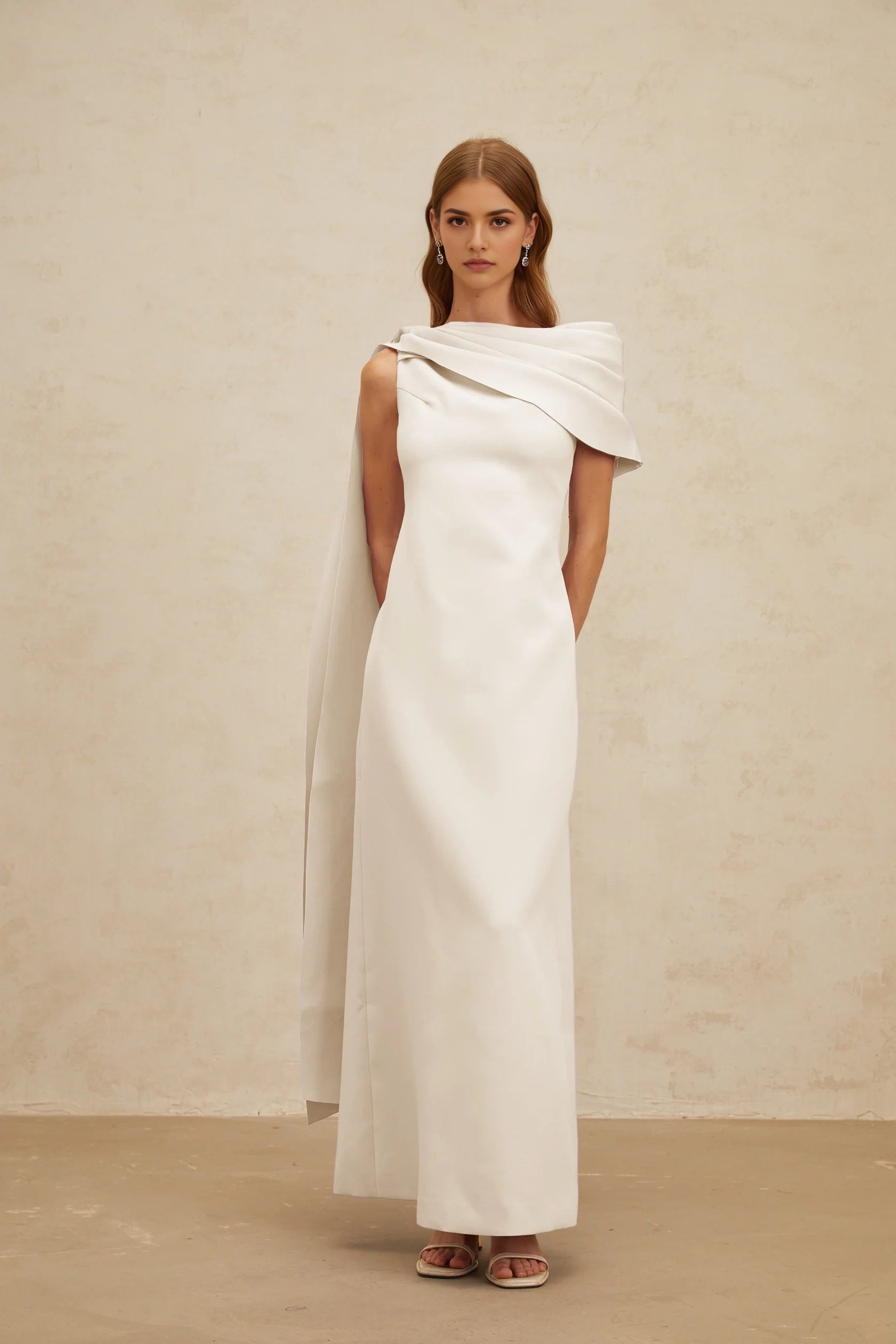 White Asymmetrical Drape Maxi Dress with Side Slit Annabelle White Cape-Design Ribbon Maxi Dress Evening Dress