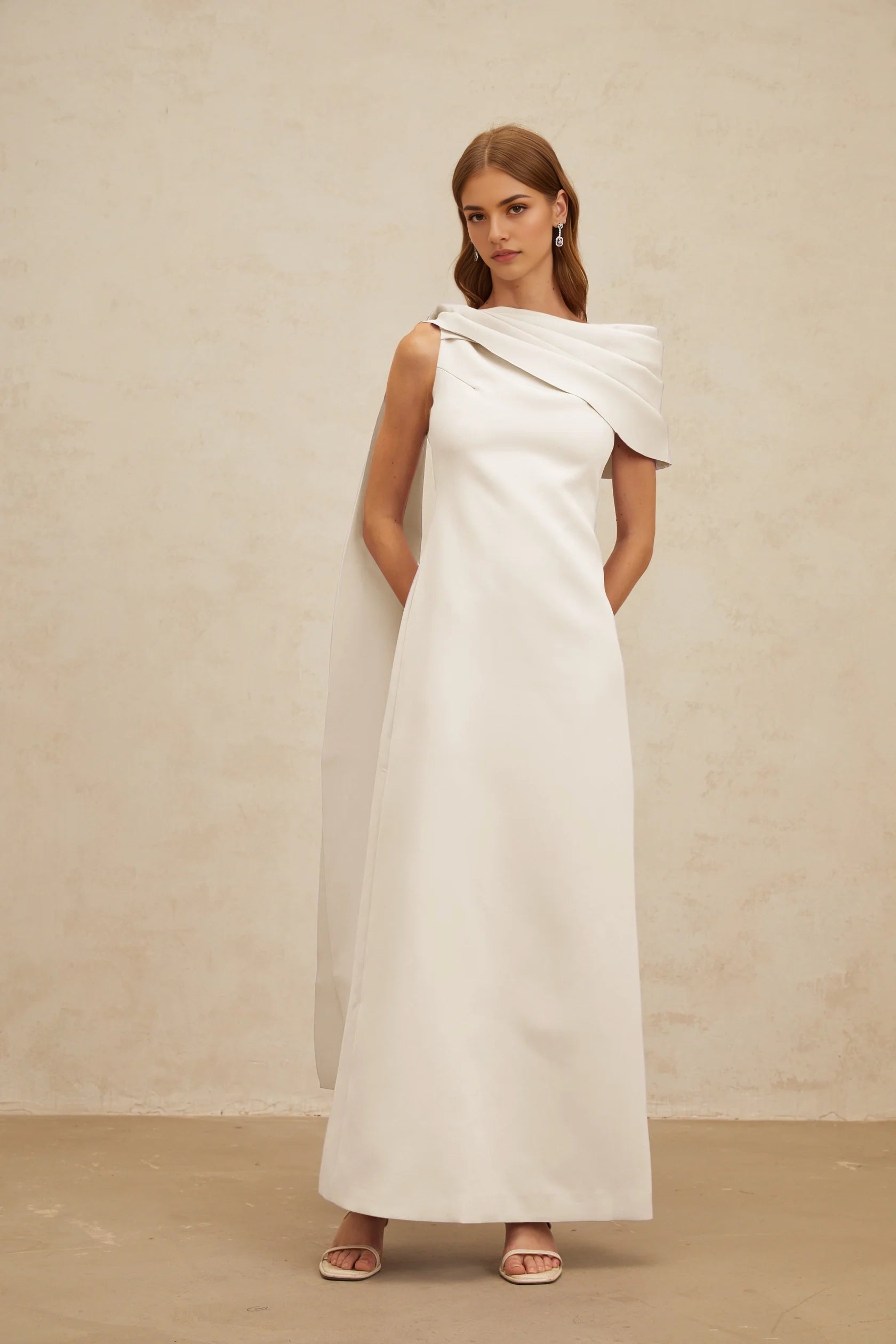 White Asymmetrical Drape Maxi Dress with Side Slit Annabelle White Cape-Design Ribbon Maxi Dress Evening Dress