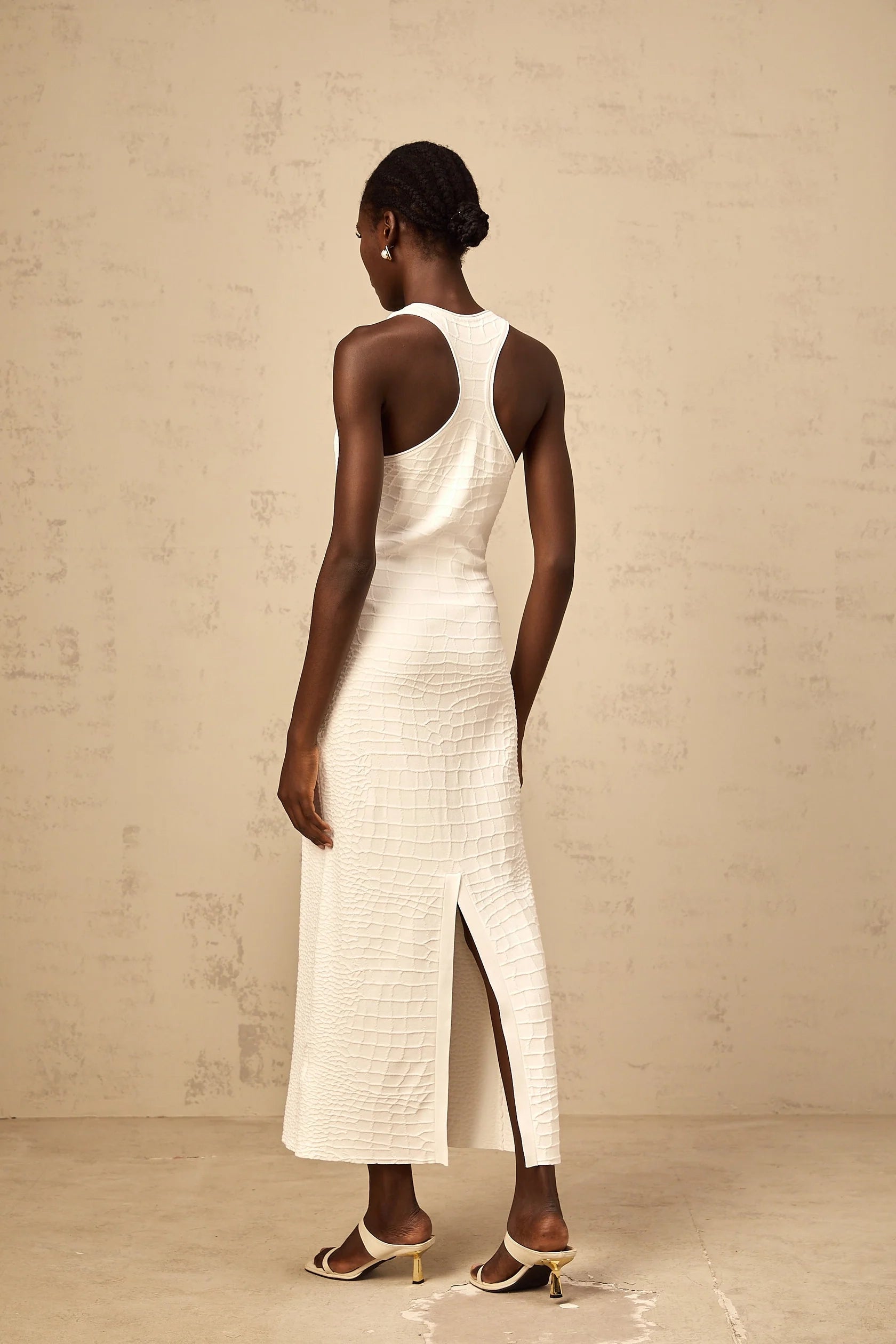 White Crocodile - Textured Racerback Midi Dress white textured jacquard tank midi dress Evening Dress