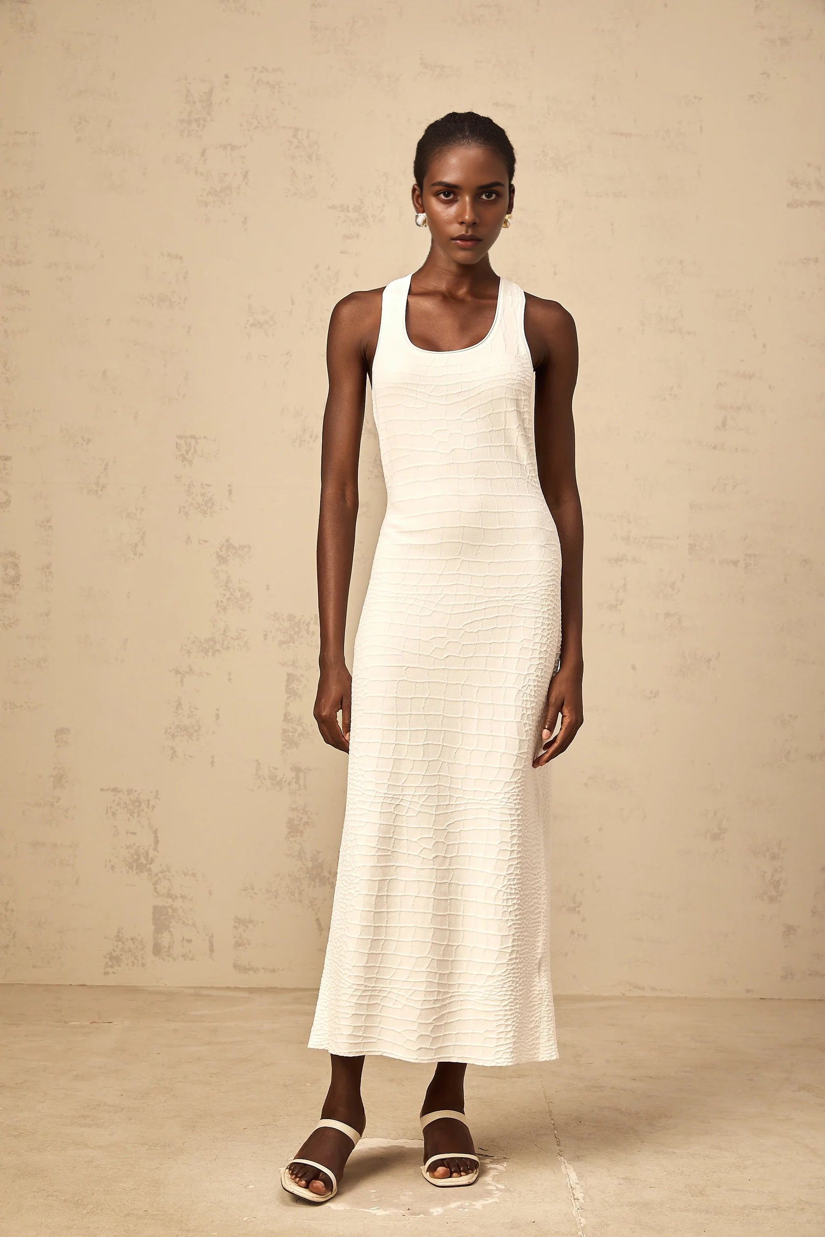 White Crocodile - Textured Racerback Midi Dress white textured jacquard tank midi dress Evening Dress