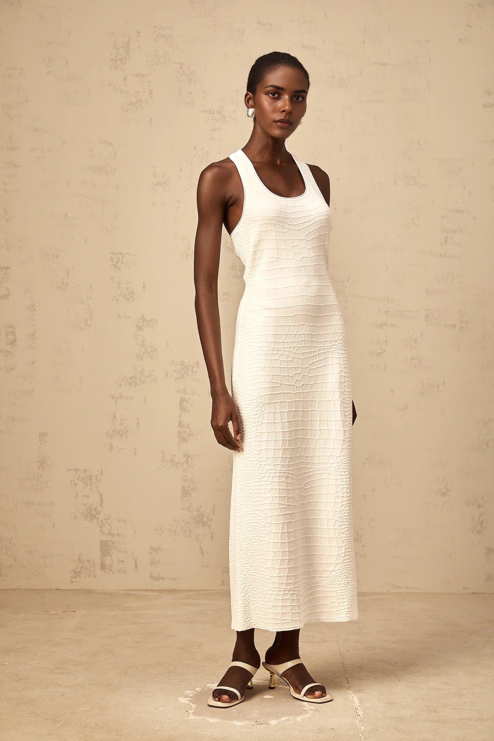 White Crocodile - Textured Racerback Midi Dress white textured jacquard tank midi dress Evening Dress