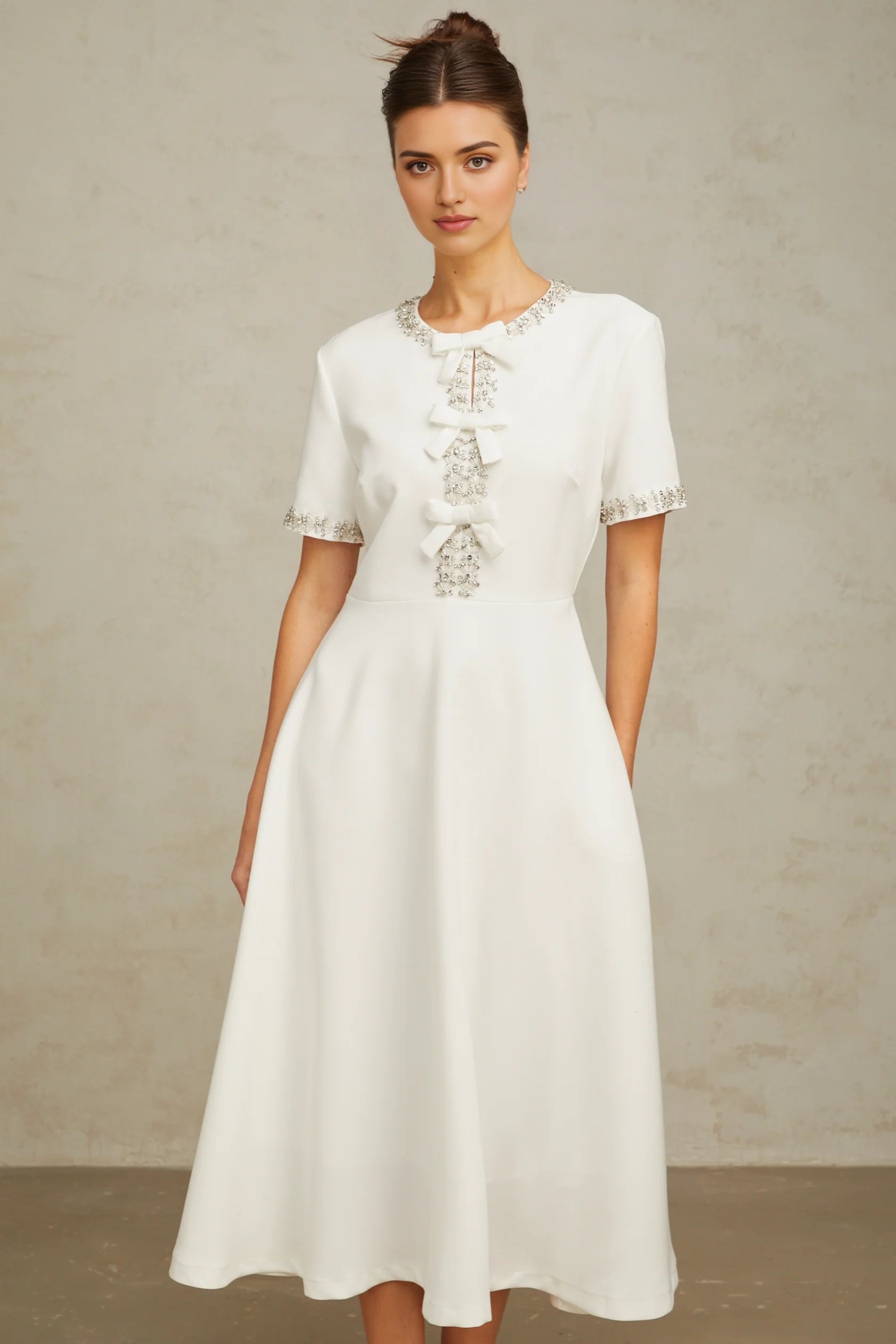 White Crystal - Embellished Bow - Front Midi Dress Cassiopeia crystal-accented bow midi dress in White Evening Dress