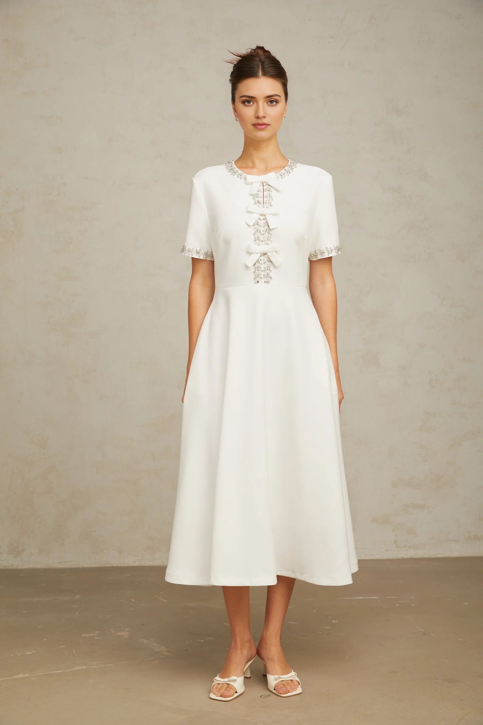 White Crystal - Embellished Bow - Front Midi Dress Cassiopeia crystal-accented bow midi dress in White Evening Dress