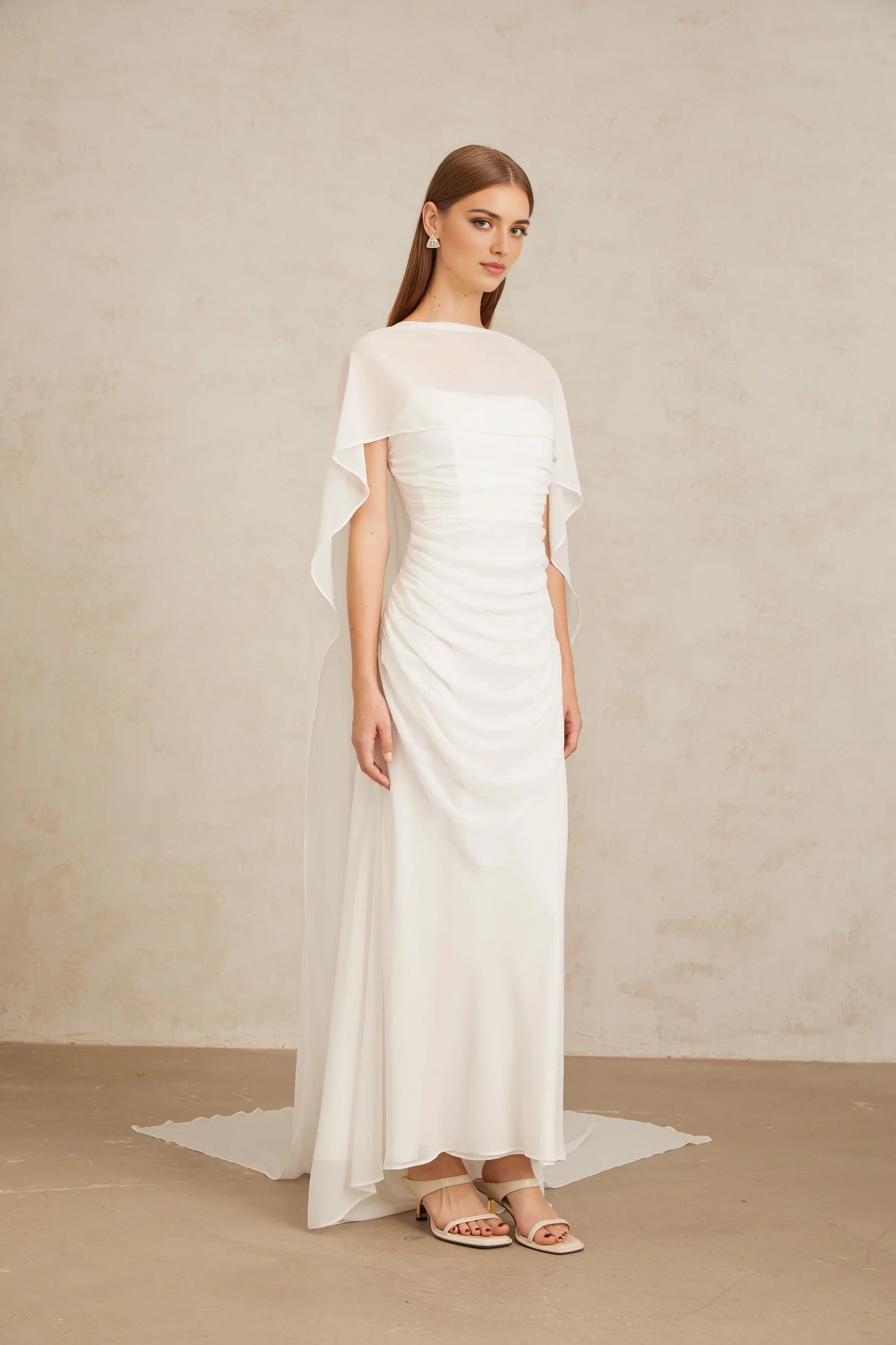 White Draped Cape - Sleeve Maxi Dress White Tulle Cape & Dress Set Evening Dress