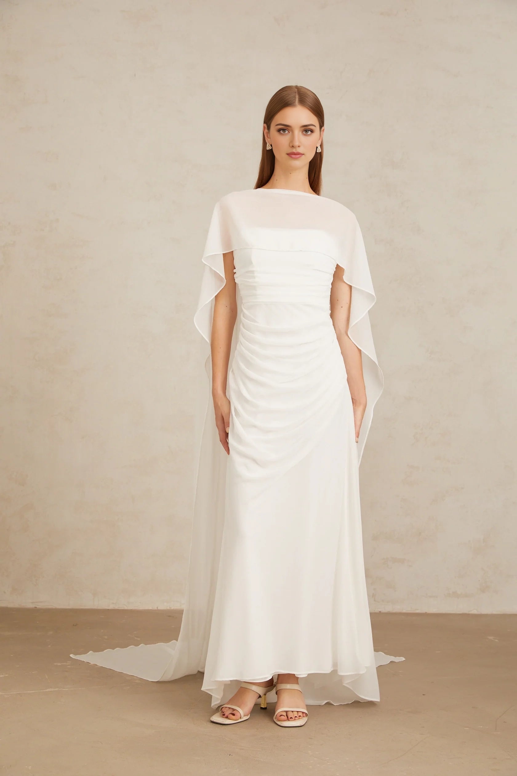 White Draped Cape - Sleeve Maxi Dress White Tulle Cape & Dress Set Evening Dress