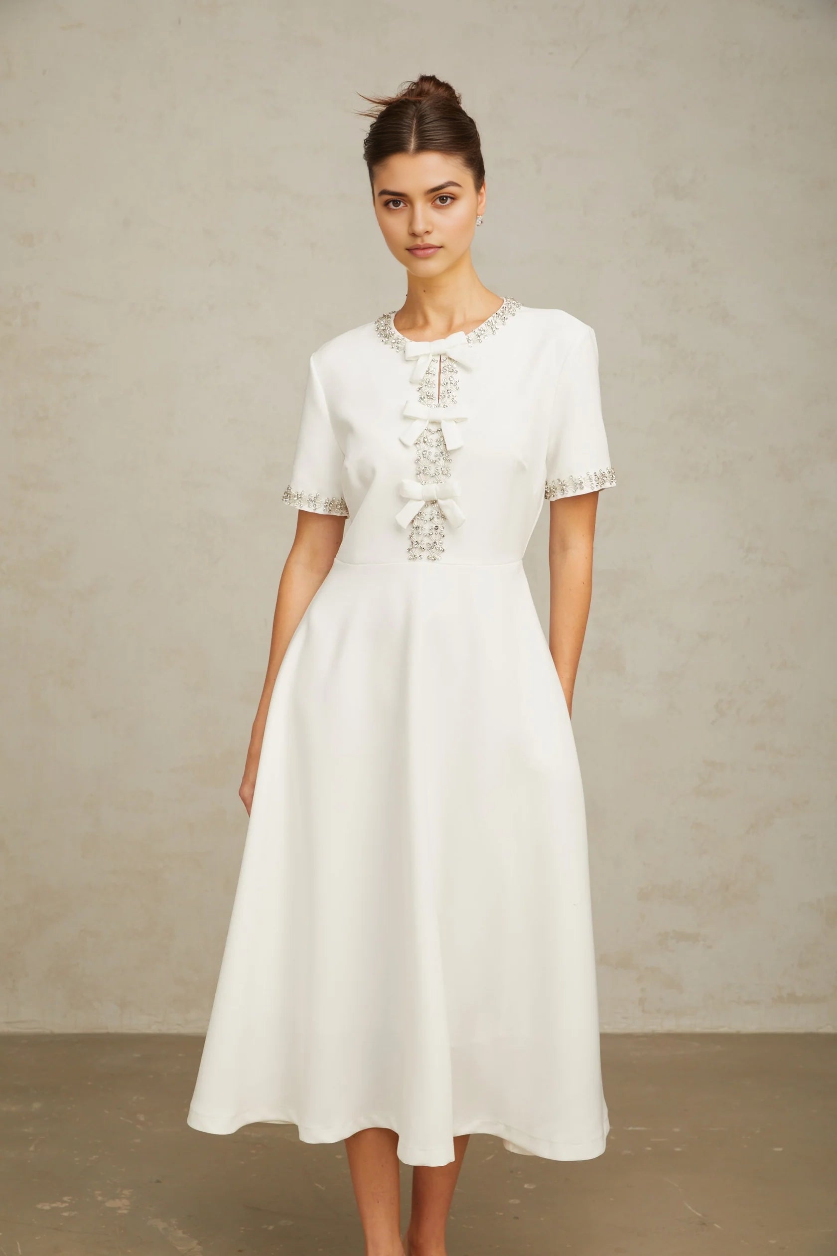 White Embellished Midi Dress with Bow Detail Cassiopeia crystal-accented bow midi dress in White  Evening Dress