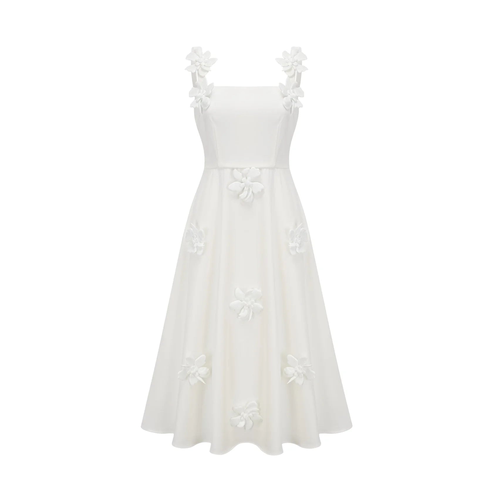 White Floral - Embellished Midi Dress with Straps white faux-flower square-neck midi dress Evening Dress