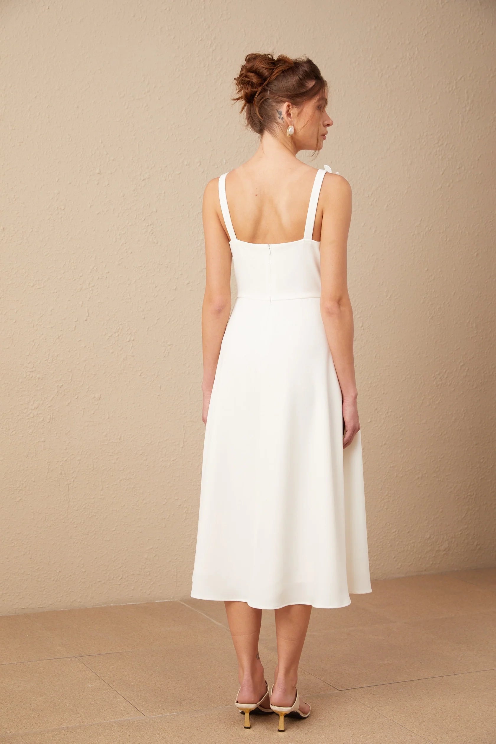 White Floral - Embellished Midi Dress with Straps white faux-flower square-neck midi dress Evening Dress