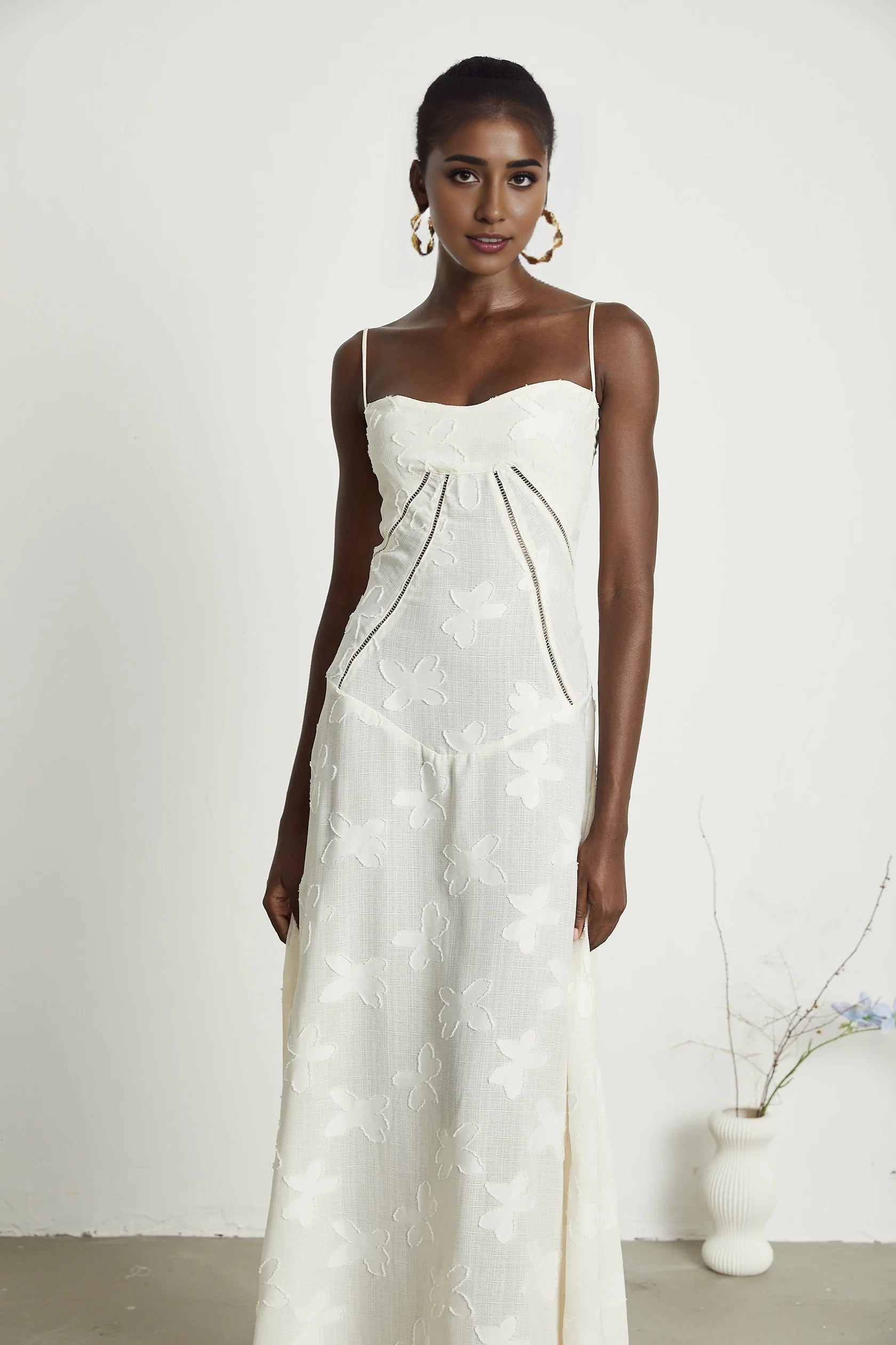 White Floral Embroidered Lace - Up Back Maxi Dress floral maxi dress Evening Dress