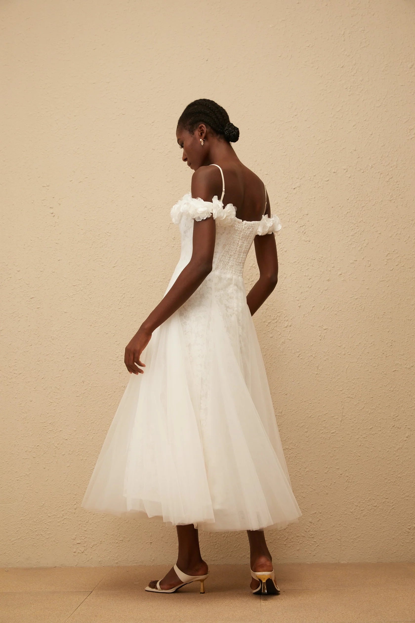 White Floral Off - Shoulder Tulle Midi Dress Athena White Floral Appliqué Tulle Dress Evening Dress