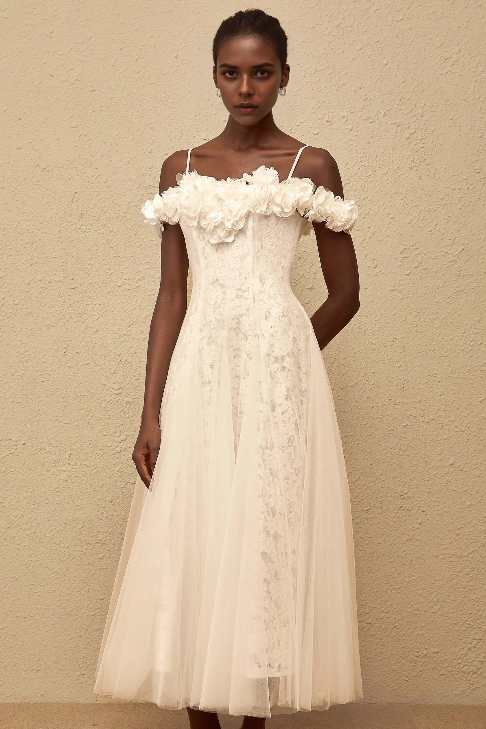 White Floral Off - Shoulder Tulle Midi Dress Athena White Floral Appliqué Tulle Dress Evening Dress