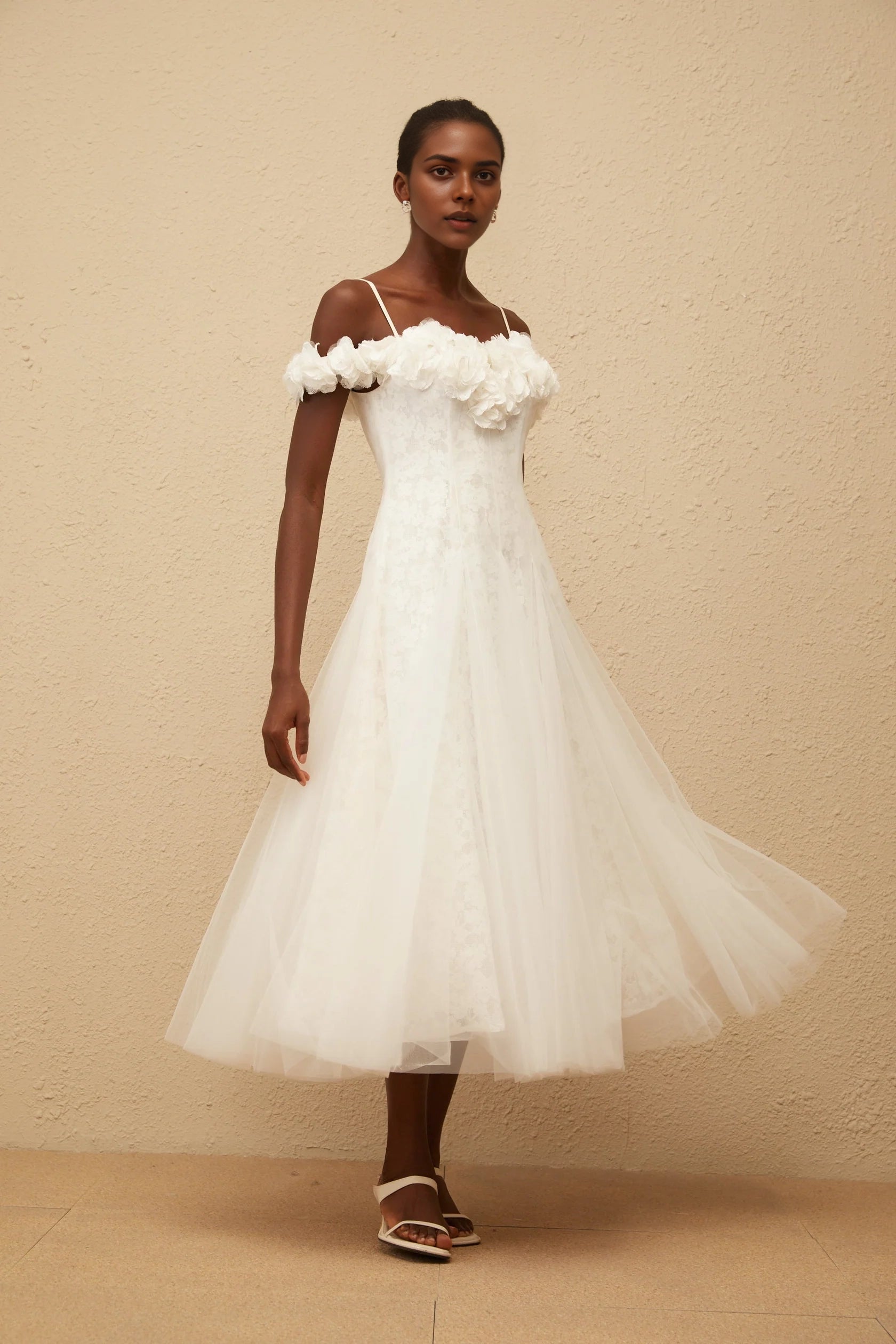 White Floral Off - Shoulder Tulle Midi Dress Athena White Floral Appliqué Tulle Dress Evening Dress