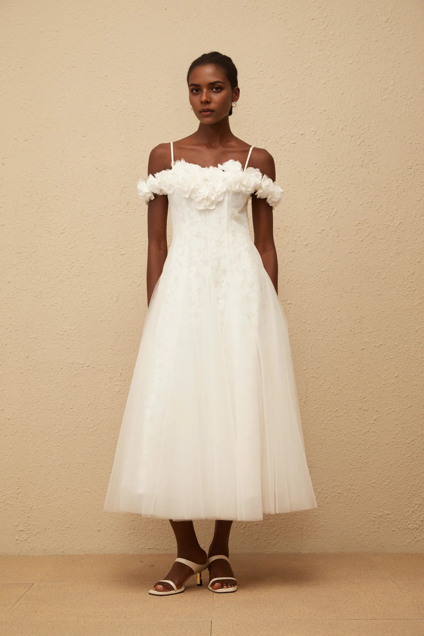 White Floral Off - Shoulder Tulle Midi Dress Athena White Floral Appliqué Tulle Dress Evening Dress