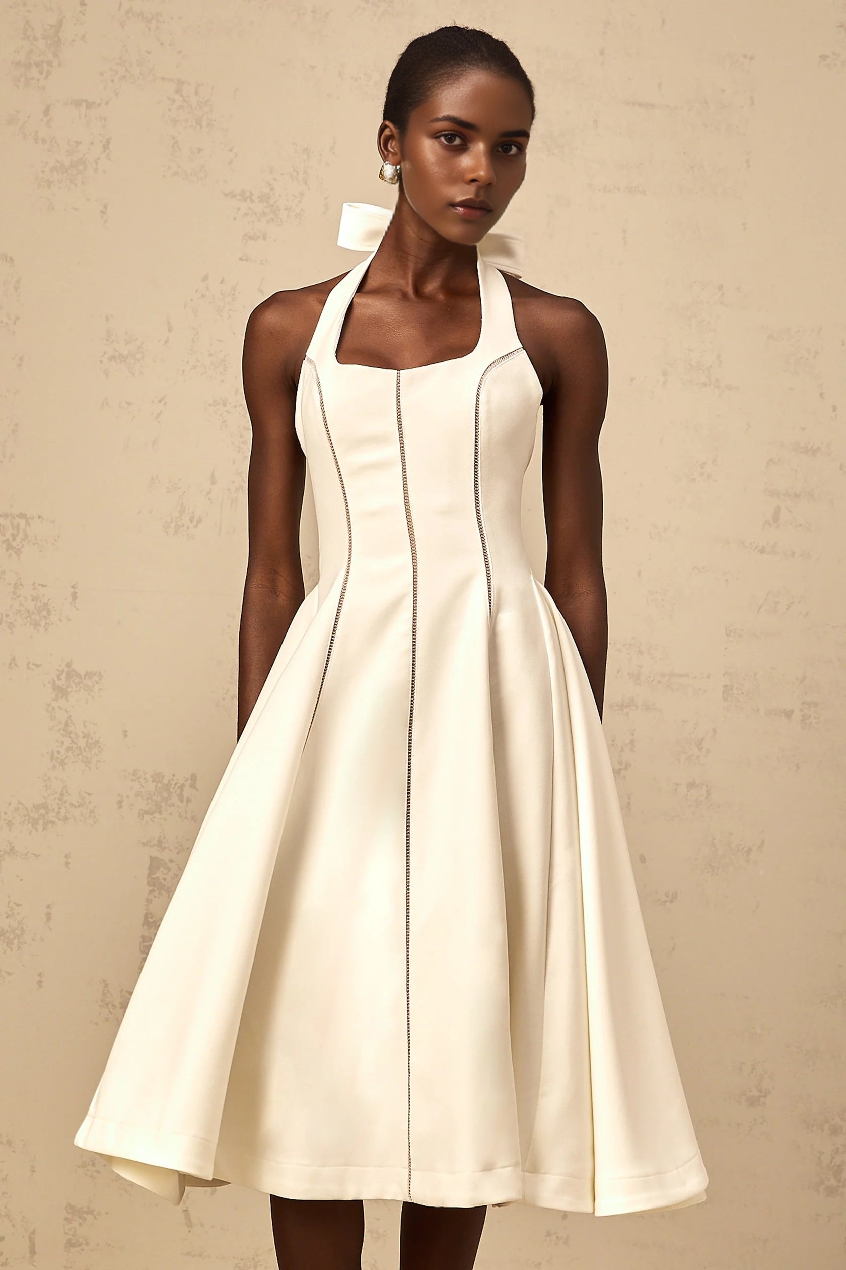 Beige Tweed Embroidered Midi Dress neutrals interwoven embroidered mini dress Evening Dress