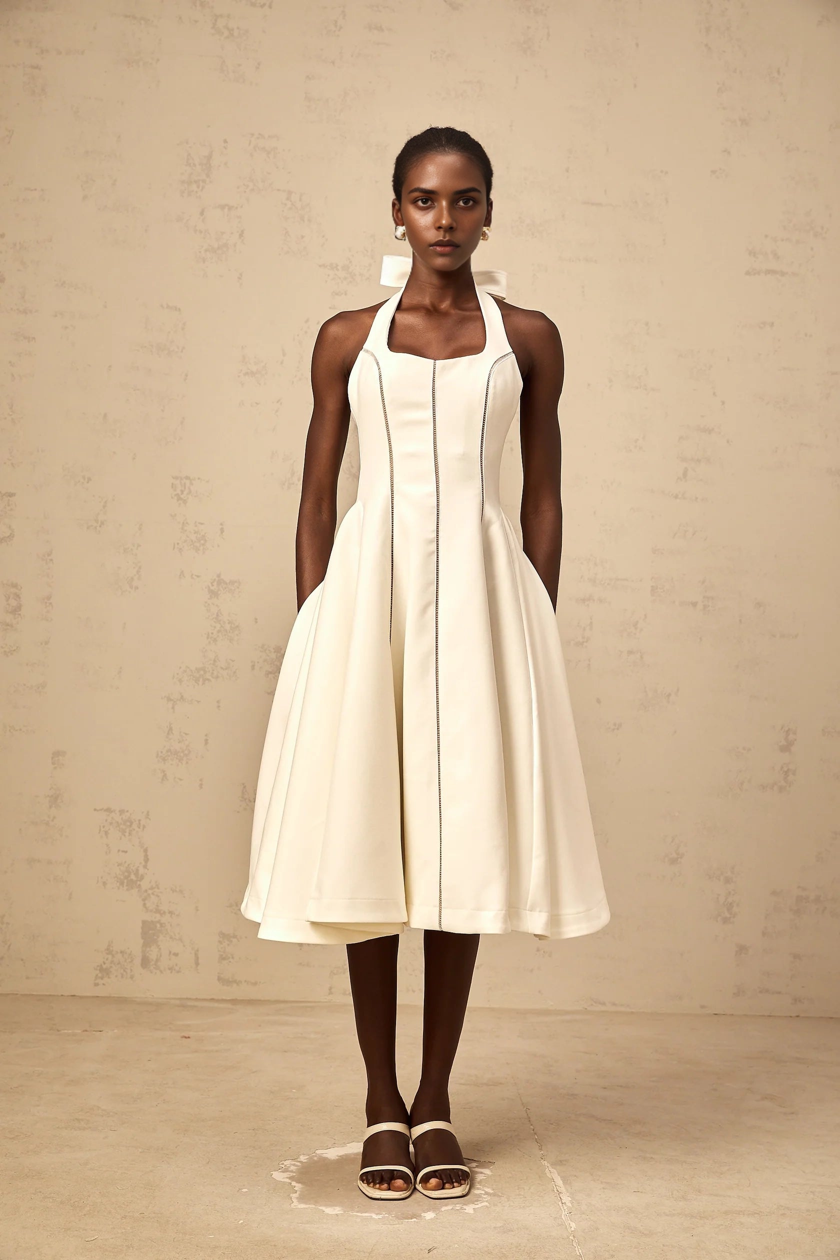 Beige Tweed Embroidered Midi Dress neutrals interwoven embroidered mini dress Evening Dress