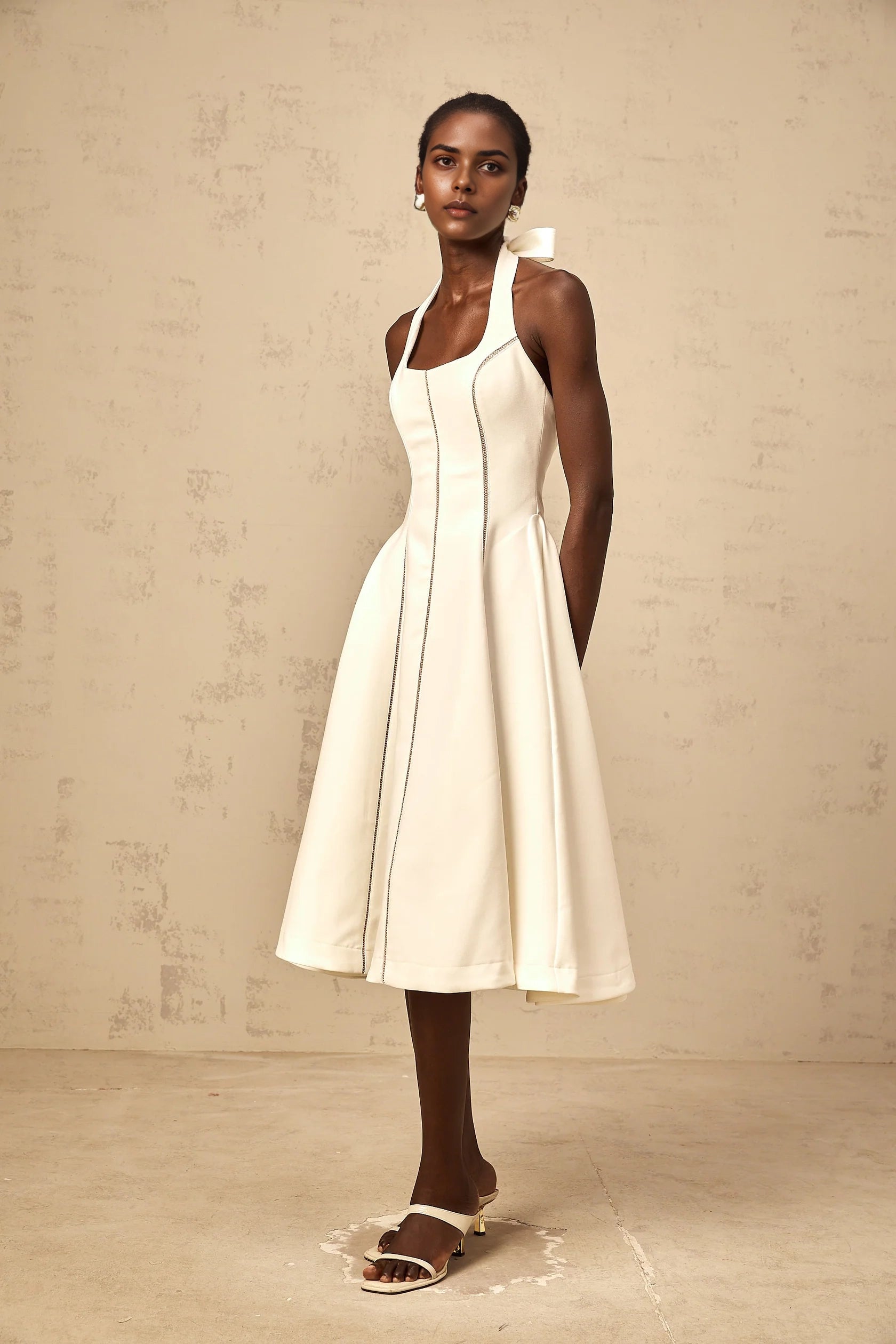 Beige Tweed Embroidered Midi Dress neutrals interwoven embroidered mini dress Evening Dress