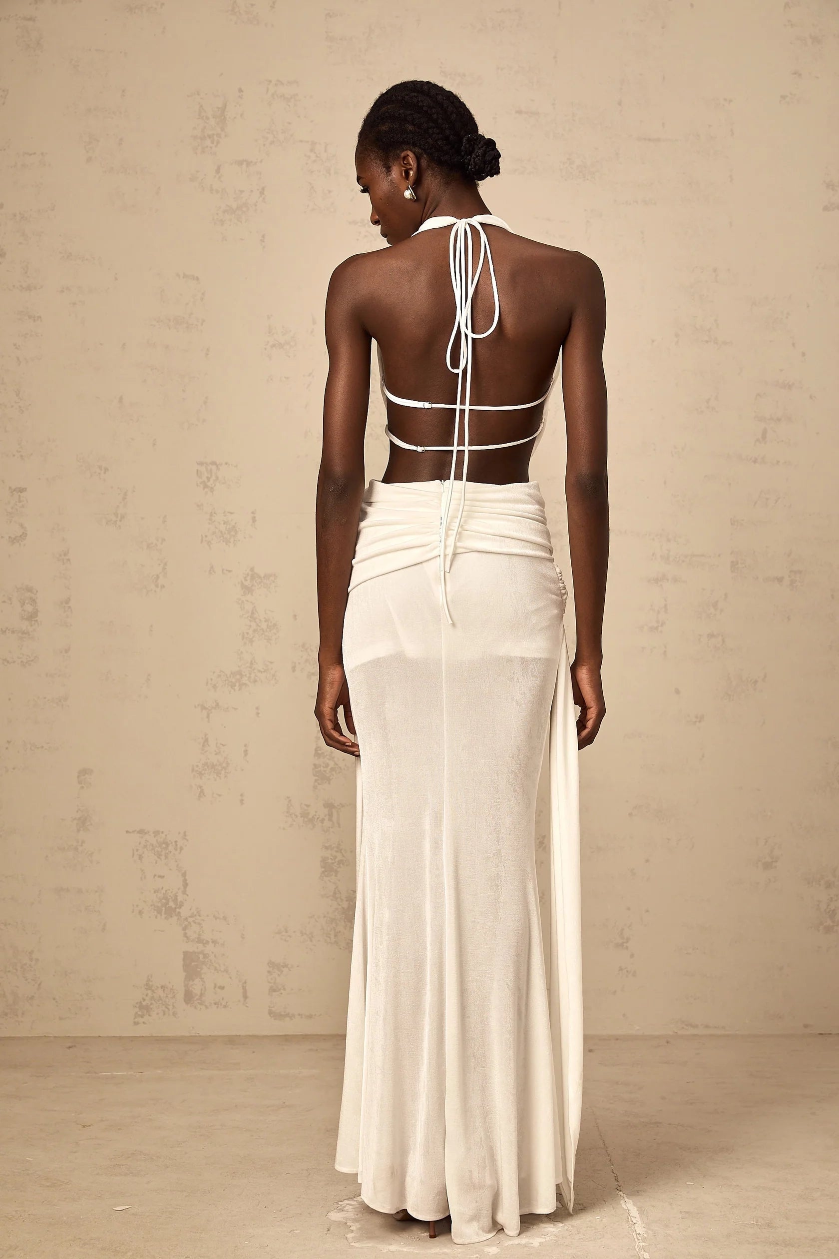 White Halter Neck Cut - Out Draped Maxi Dress halterneck backless maxi dress in White Evening Dress
