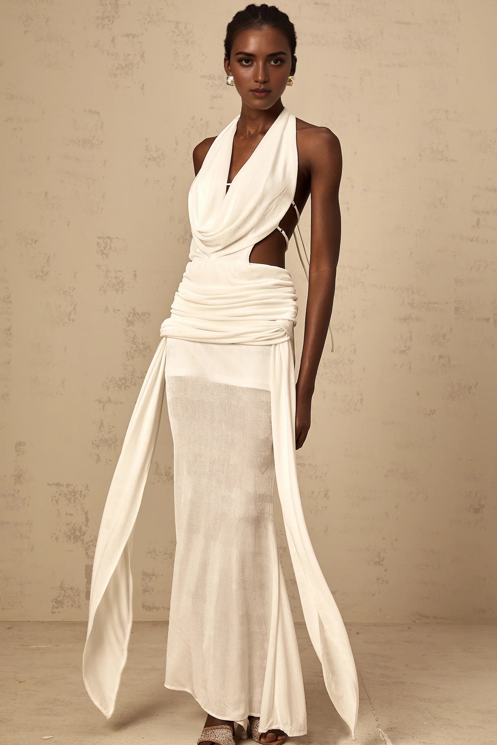 White Halter Neck Cut - Out Draped Maxi Dress halterneck backless maxi dress in White Evening Dress