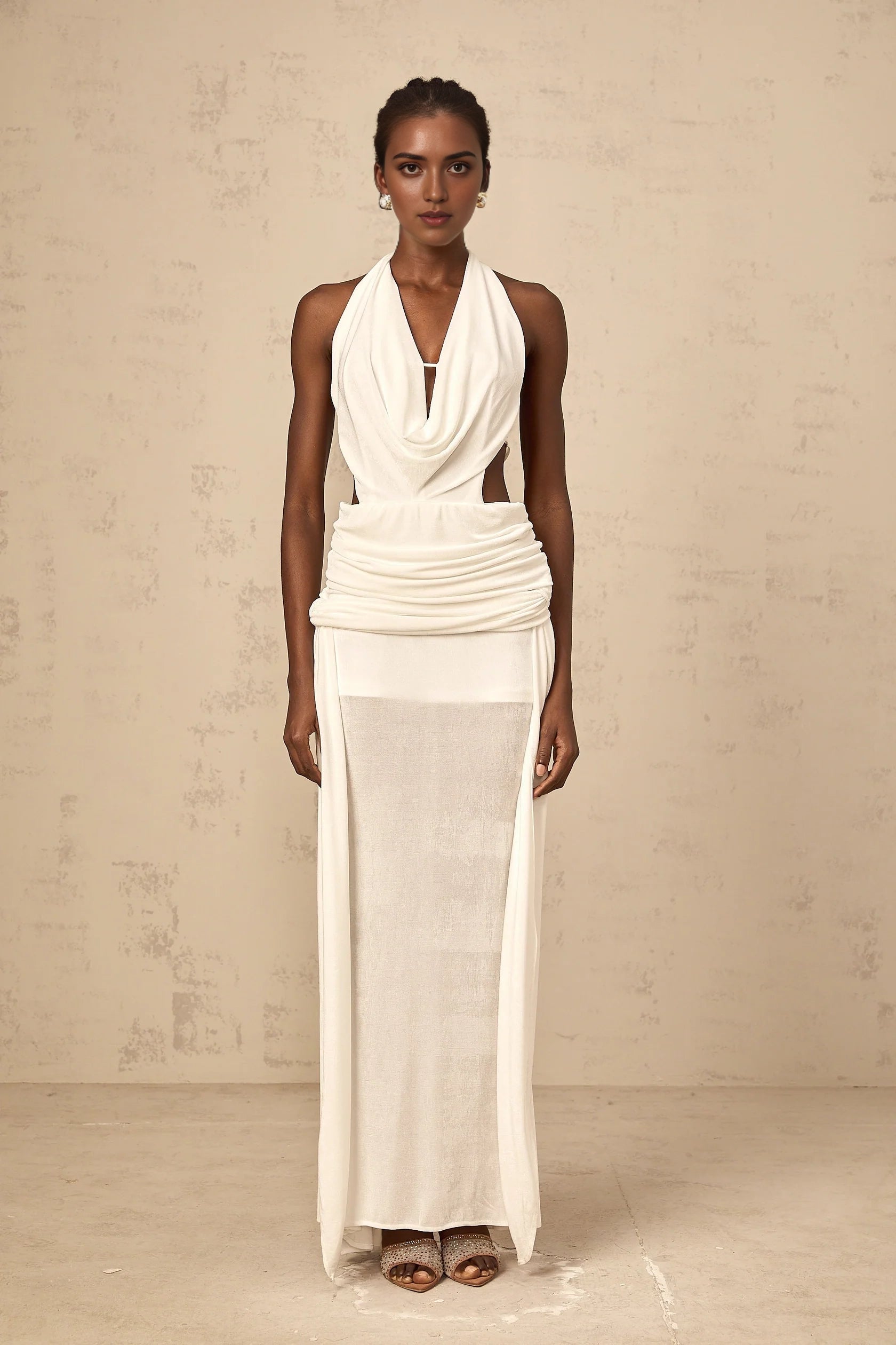 White Halter Neck Cut - Out Draped Maxi Dress halterneck backless maxi dress in White Evening Dress
