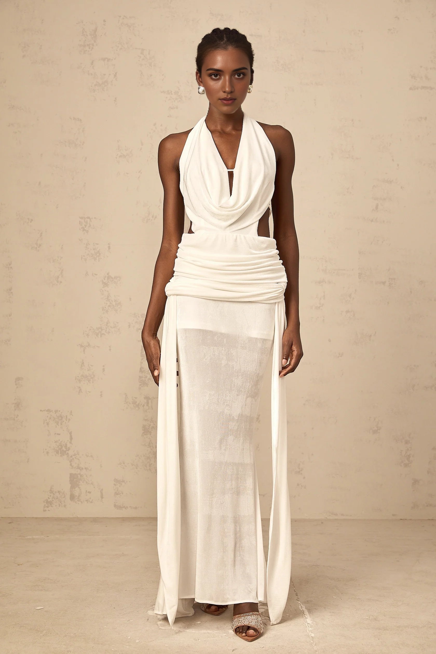 White Halter Neck Cut - Out Draped Maxi Dress halterneck backless maxi dress in White Evening Dress