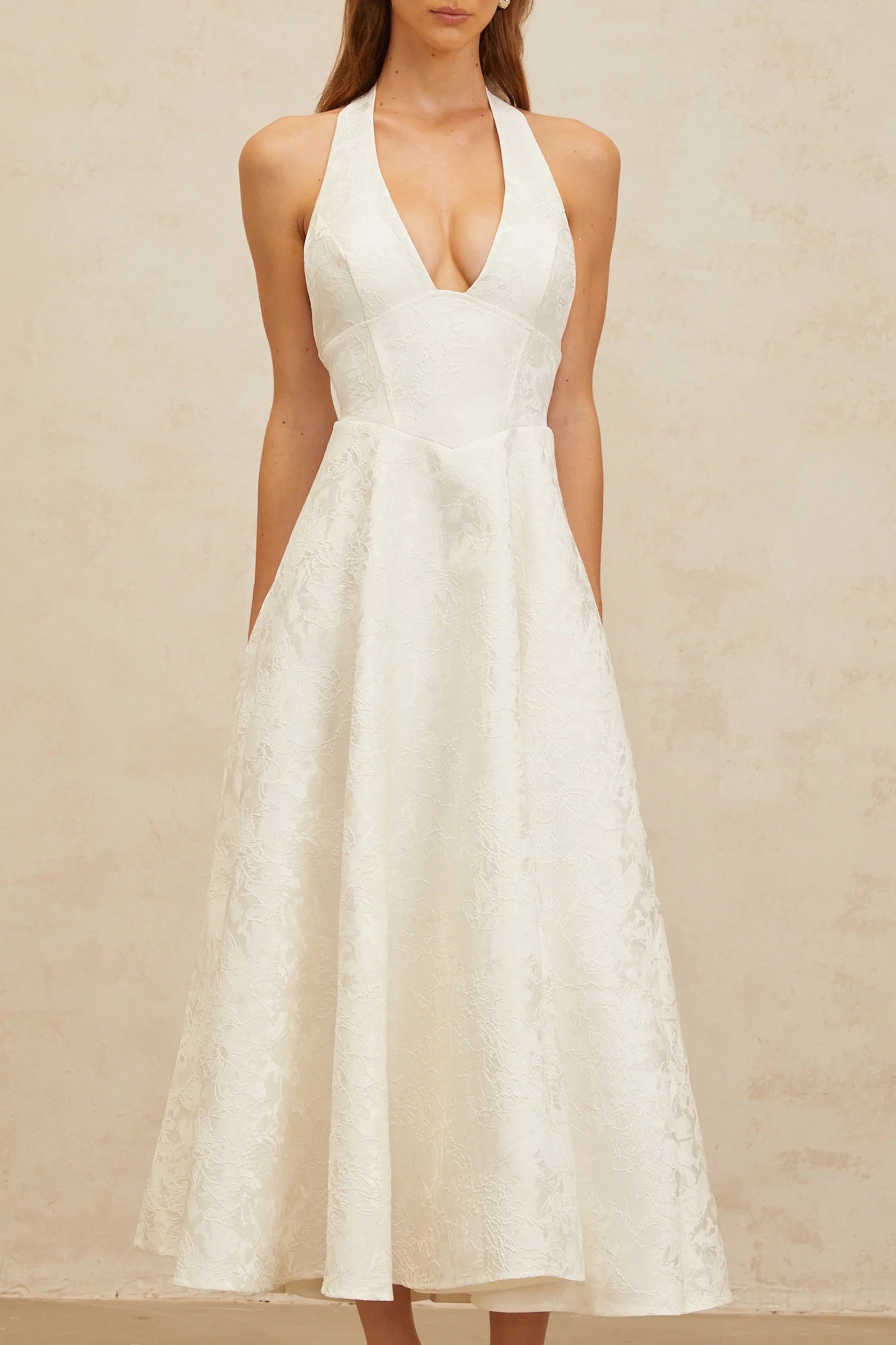 Cream Ruffled Tie - Neck Balloon Sleeve Maxi Dress White Glamorous Event Midi Dress Evening Dress