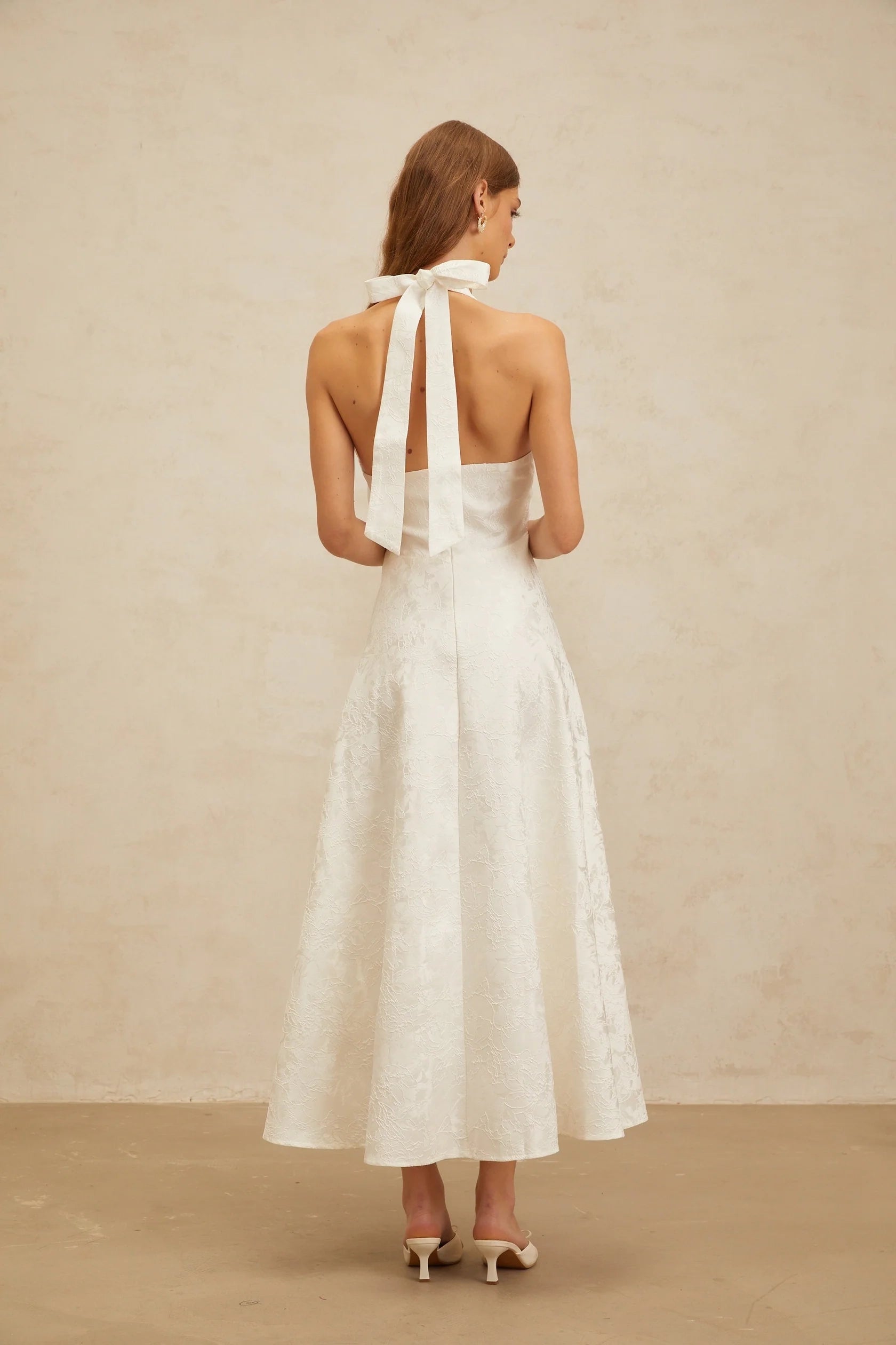 Cream Ruffled Tie - Neck Balloon Sleeve Maxi Dress White Glamorous Event Midi Dress Evening Dress